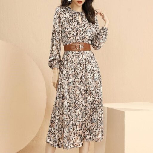 D'Fina【南紡購物中心】 《 時尚女裝》 歐美收腰長袖綁帶素色洋裝