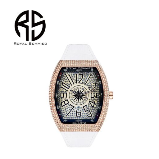 ROYAL SCHMIED 皇家禮鑽酒桶造型鑲玫鑽白牛皮精典腕錶