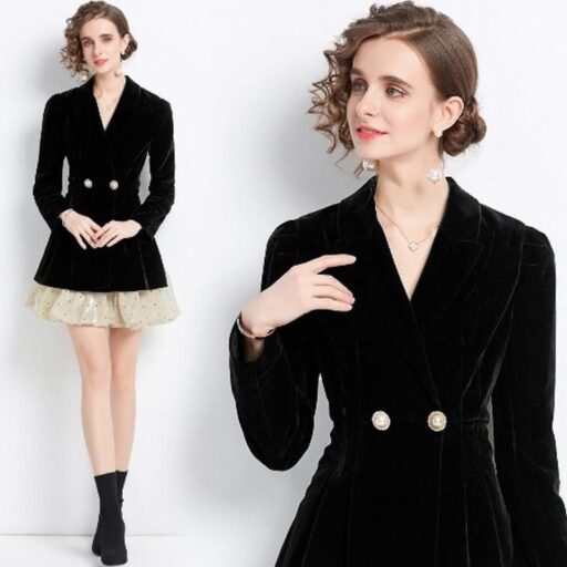 D'Fina【南紡購物中心】 《 時尚女裝》 西裝翻領拼接蓬蓬點點波開叉裙擺收腰顯瘦小個子絲絨洋裝