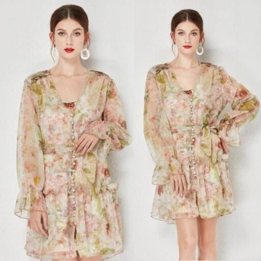 D'Fina【南紡購物中心】 《 時尚女裝》 超仙花朵印花單排扣重工壓褶洋裝短裙顯瘦