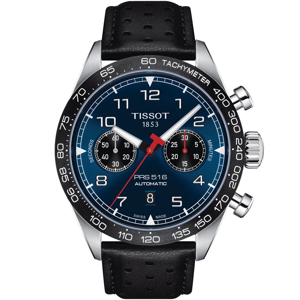 TISSOT天梭 官方授權 PRS516 賽車計時機械手錶-黑x藍/45mm T131.627.16.042.00