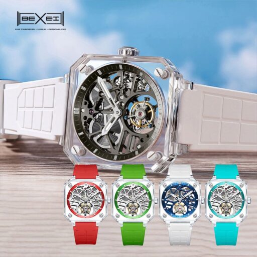 【BEXEI】 貝克斯 【愛時】 八邊形透螢水晶全自動陀飛輪鏤空機械錶-9112