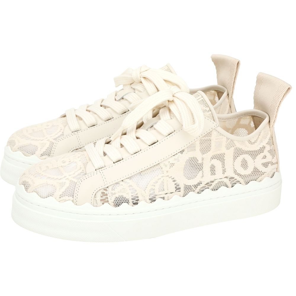 CHLOE 蔻依 Lauren 扇貝波浪邊拼網眼蕾絲繫帶運動鞋(裸色)