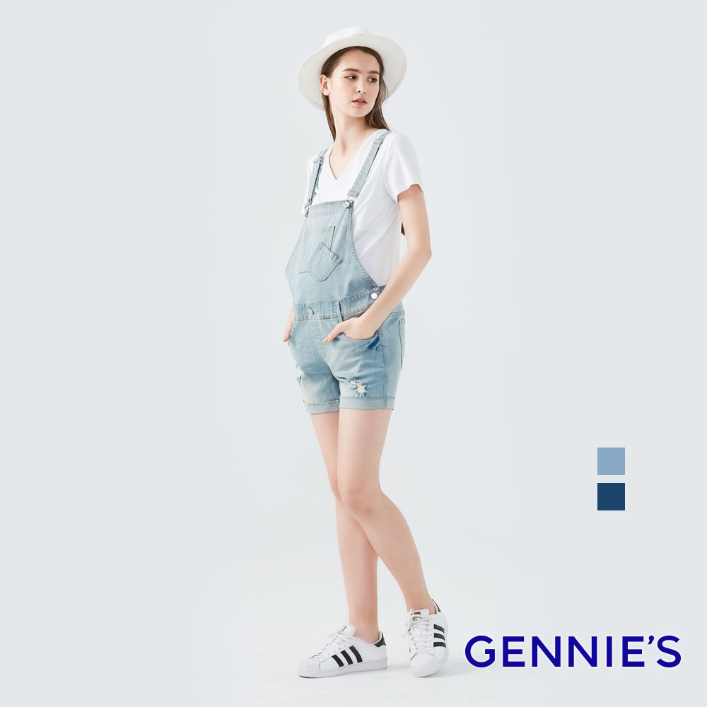 Gennies 奇妮美式復古刷破牛仔吊帶短褲(淺藍/深藍):圖片 2