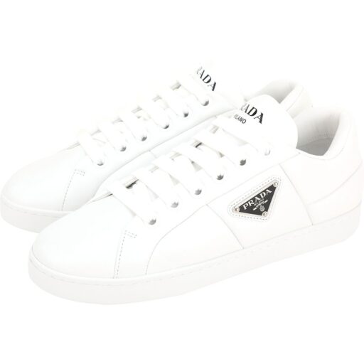 PRADA 普拉達三角牌澎澎納帕皮革繫帶休閒鞋(女鞋/白色)