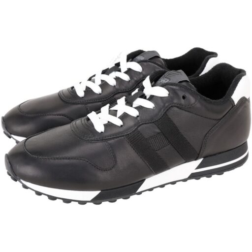 HOGAN 霍根H383 H織帶牛皮拼接毛巾布襯裡繫帶運動鞋(男鞋/黑色)