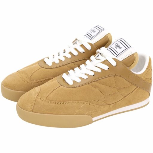 CHLOE 蔻依Kick 駝色車縫紋面麂皮繫帶運動鞋