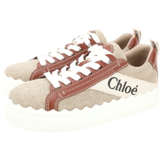 CHLOE 蔻依Lauren 扇貝波浪邊亞麻拼小牛皮繫帶休閒鞋(棕色)