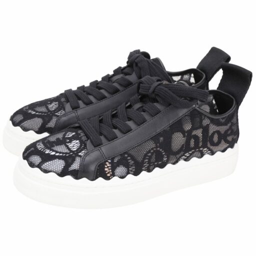 CHLOE 蔻依Lauren 扇貝波浪邊拼網眼蕾絲繫帶運動鞋(黑色)