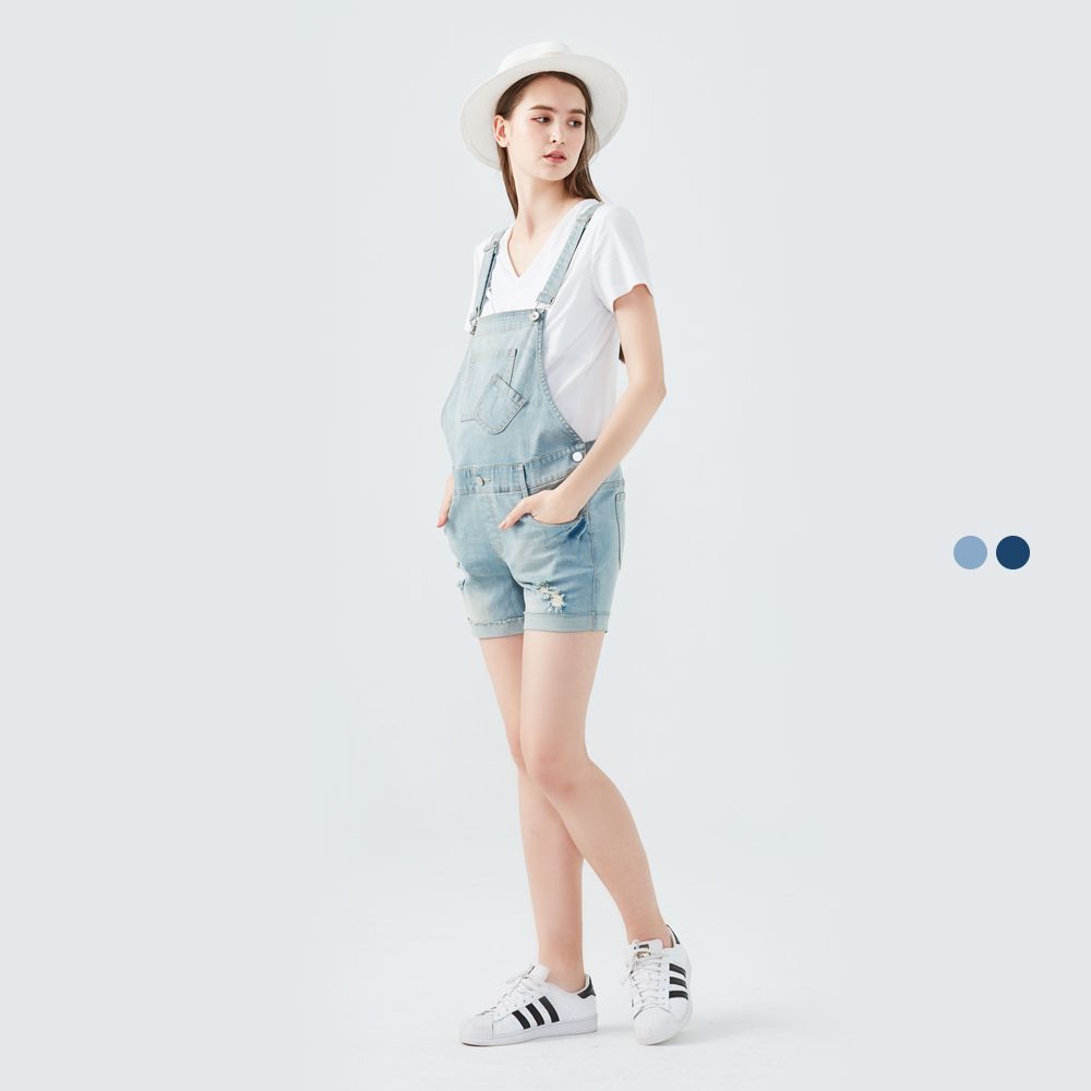 Gennies 奇妮美式復古刷破牛仔吊帶短褲(淺藍/深藍)