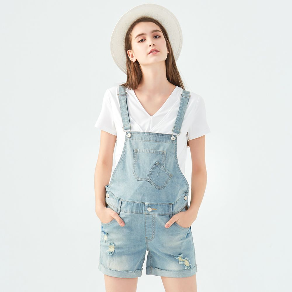Gennies 奇妮美式復古刷破牛仔吊帶短褲(淺藍/深藍):圖片 3