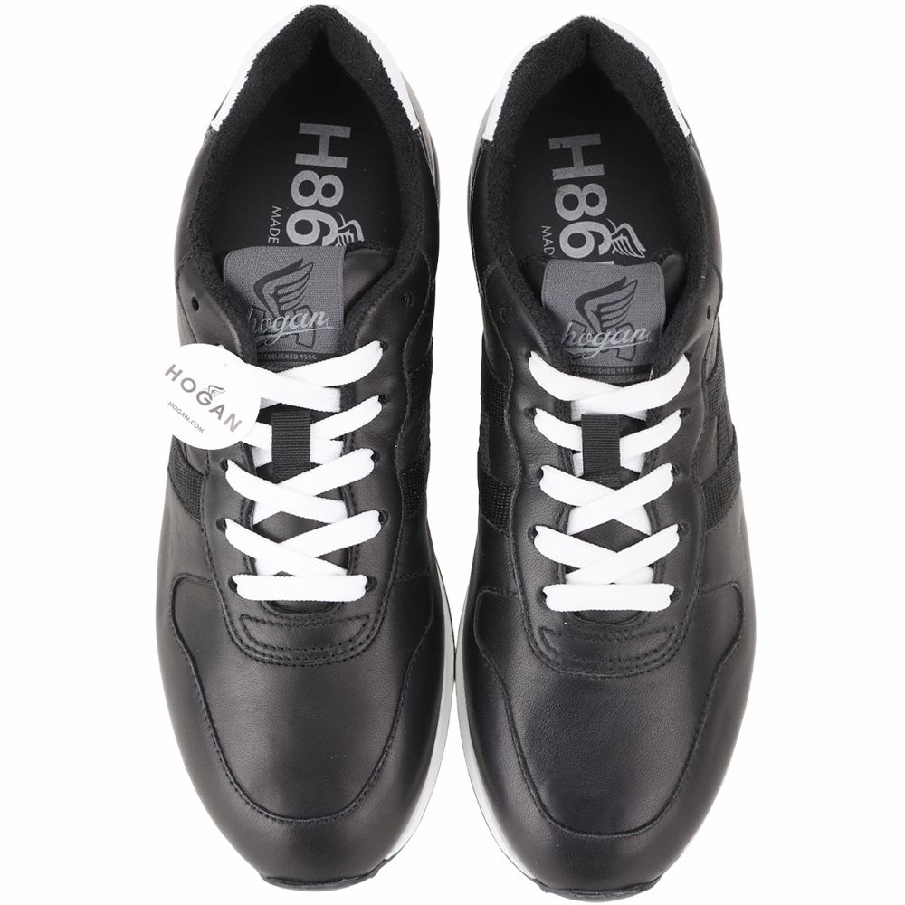 HOGAN 霍根H383 H織帶牛皮拼接毛巾布襯裡繫帶運動鞋(男鞋/黑色):圖片 2