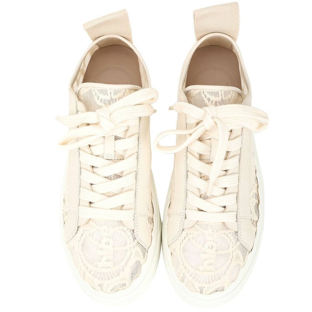 CHLOE 蔻依 Lauren 扇貝波浪邊拼網眼蕾絲繫帶運動鞋(裸色):圖片 2