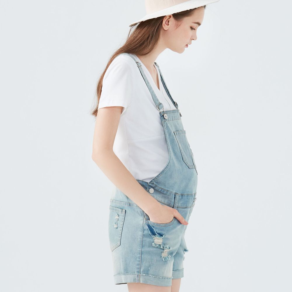 Gennies 奇妮美式復古刷破牛仔吊帶短褲(淺藍/深藍):圖片 4
