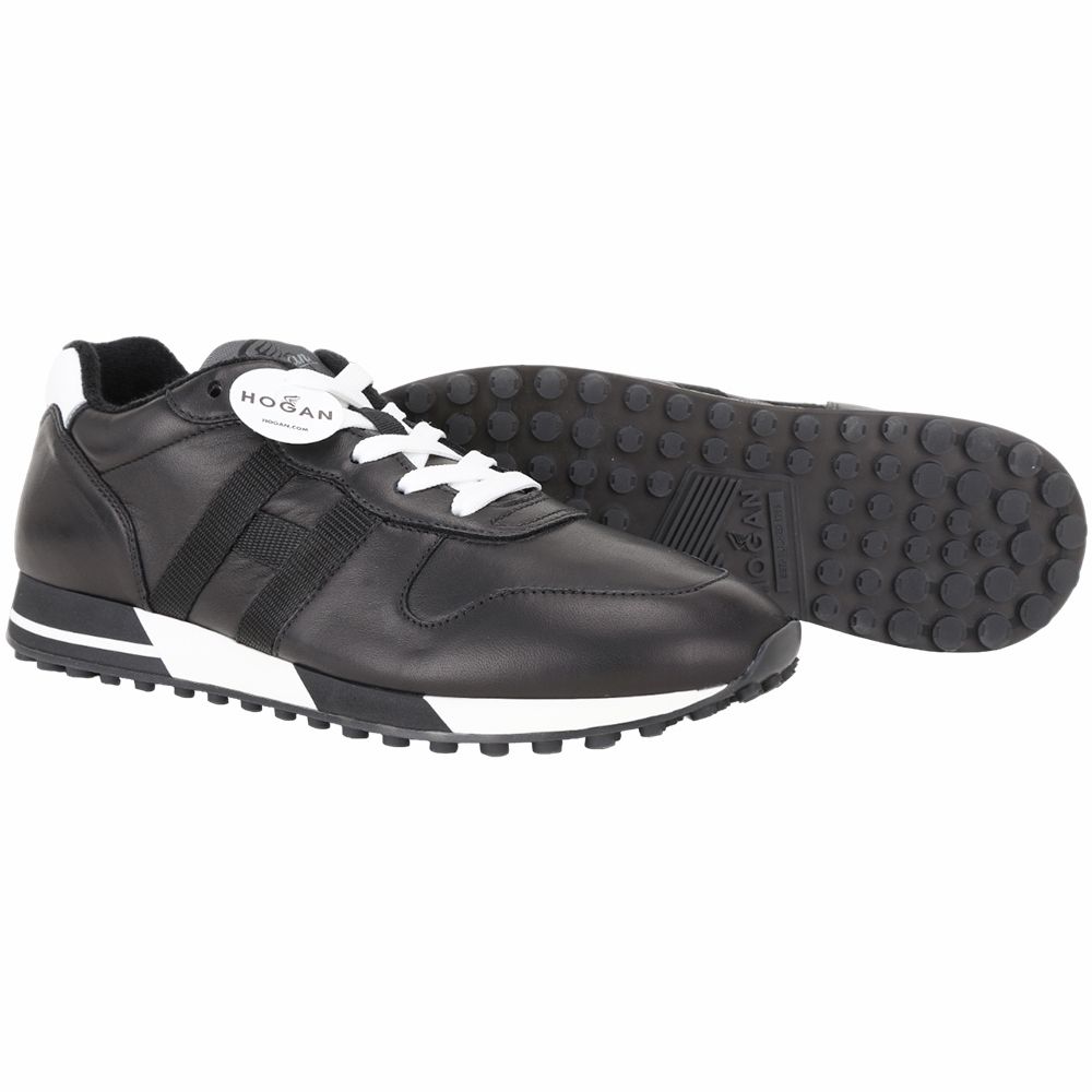 HOGAN 霍根H383 H織帶牛皮拼接毛巾布襯裡繫帶運動鞋(男鞋/黑色):圖片 3
