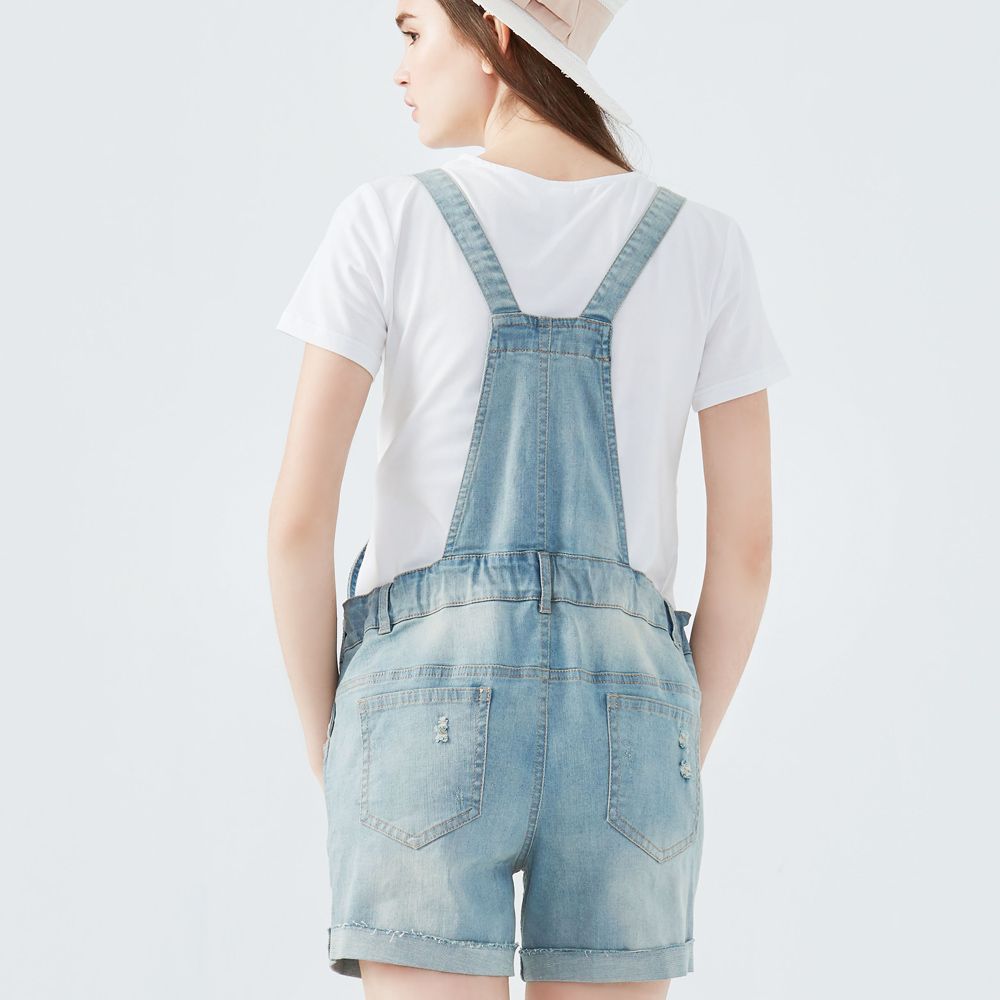 Gennies 奇妮美式復古刷破牛仔吊帶短褲(淺藍/深藍):圖片 5