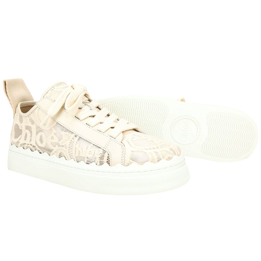 CHLOE 蔻依 Lauren 扇貝波浪邊拼網眼蕾絲繫帶運動鞋(裸色):圖片 4