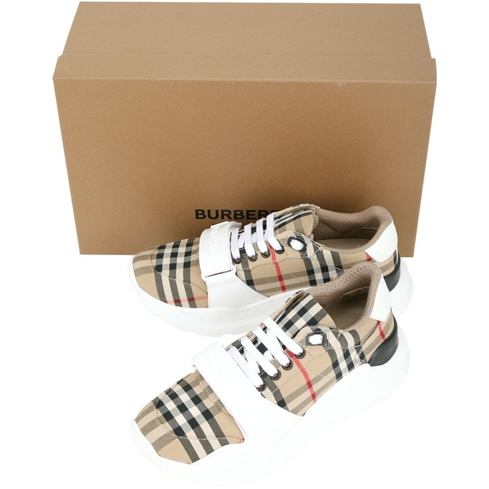 BURBERRY 巴寶莉字母魔鬼氈 格紋綁帶運動鞋 老爹鞋(卡其色):圖片 5
