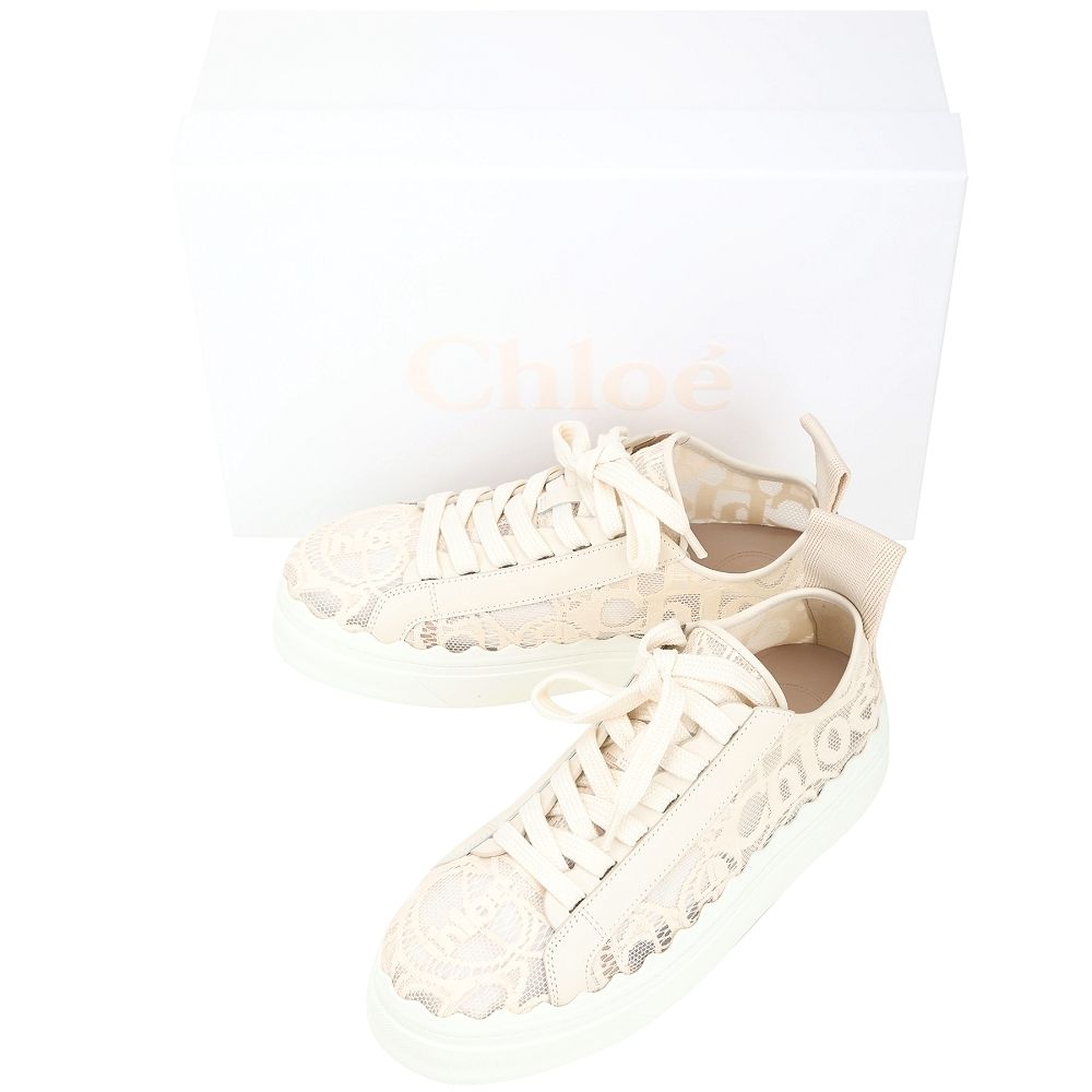 CHLOE 蔻依 Lauren 扇貝波浪邊拼網眼蕾絲繫帶運動鞋(裸色):圖片 5