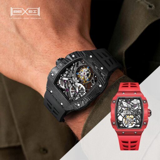 【BEXEI 】貝克斯 【愛時】 陀飛輪鏤空碳纖維夜光不鏽鋼機械錶-9089